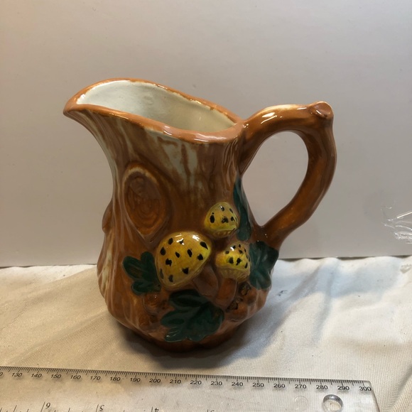 Vintage Pottery Tree Stump Bark Mushrooms Pitcher hand made signed - Picture 7 of 13